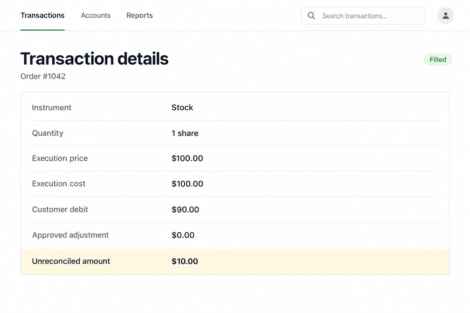 Transaction details showing a quoted price, customer debit, and an unexplained difference.